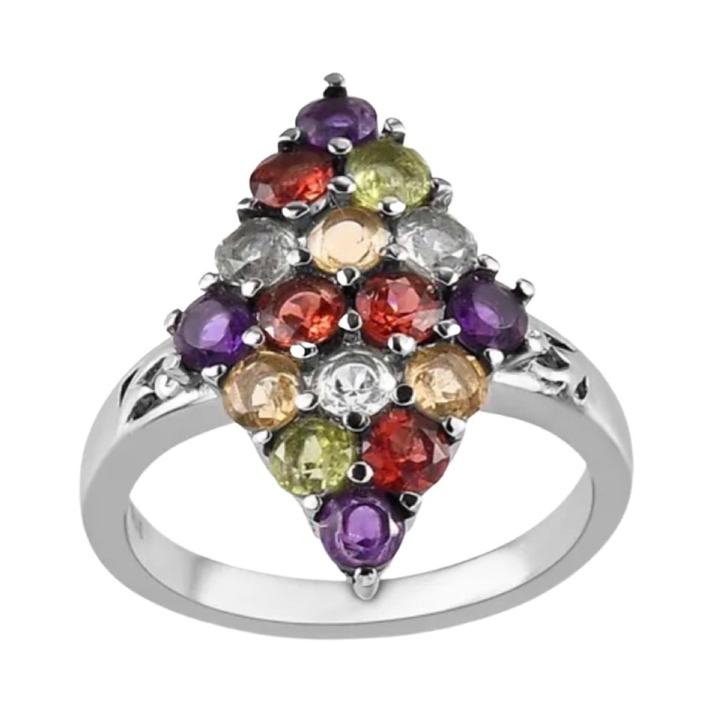 Genuine Multi colored Gemstone Cluster Stainless Steel Ring